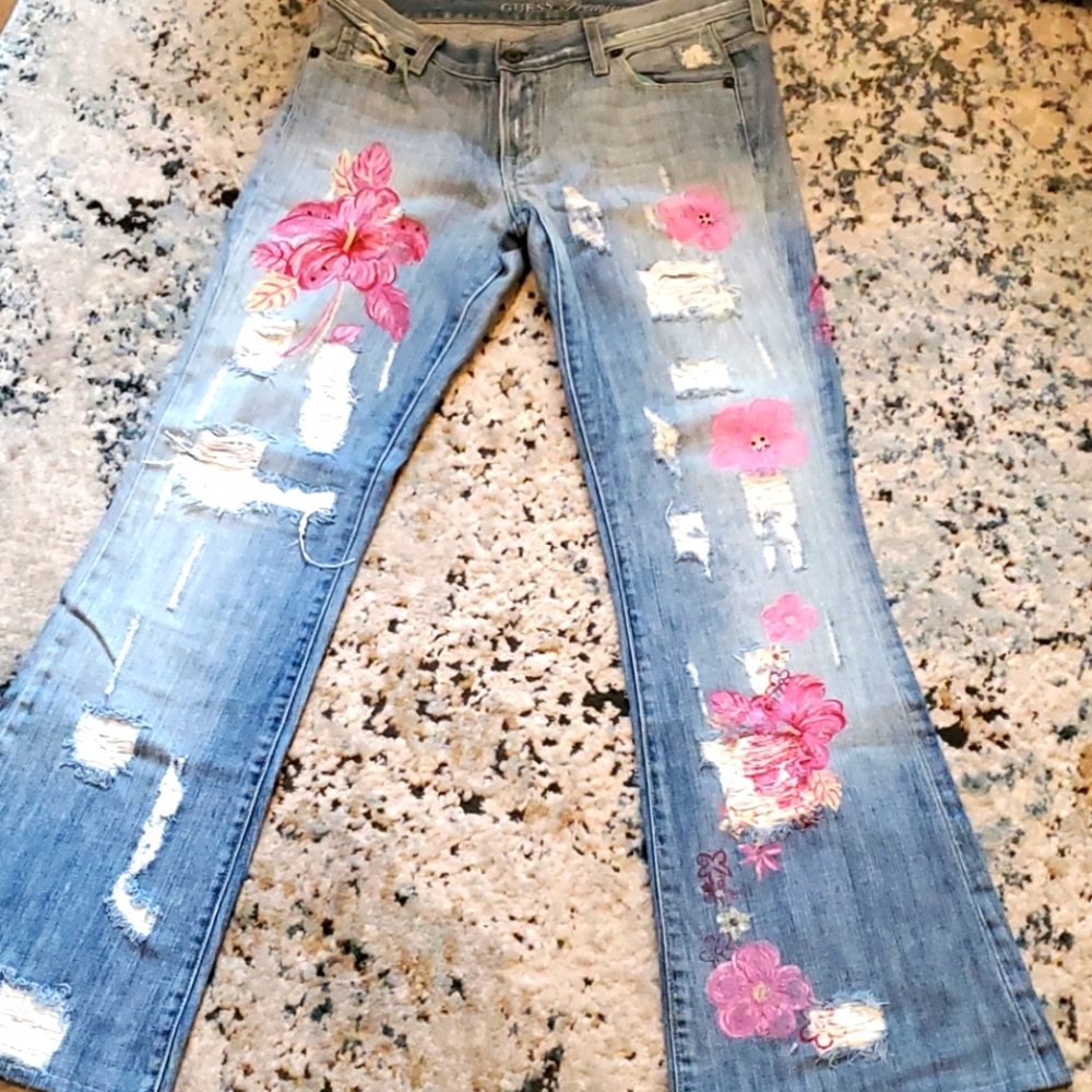 Guess Light Blue Floral Embroidered Flare Jeans